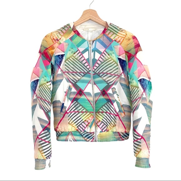 Maje Silk Bomber Jacket Multicolor Abstract Print Size 36 XS - Small - Picture 1 of 16